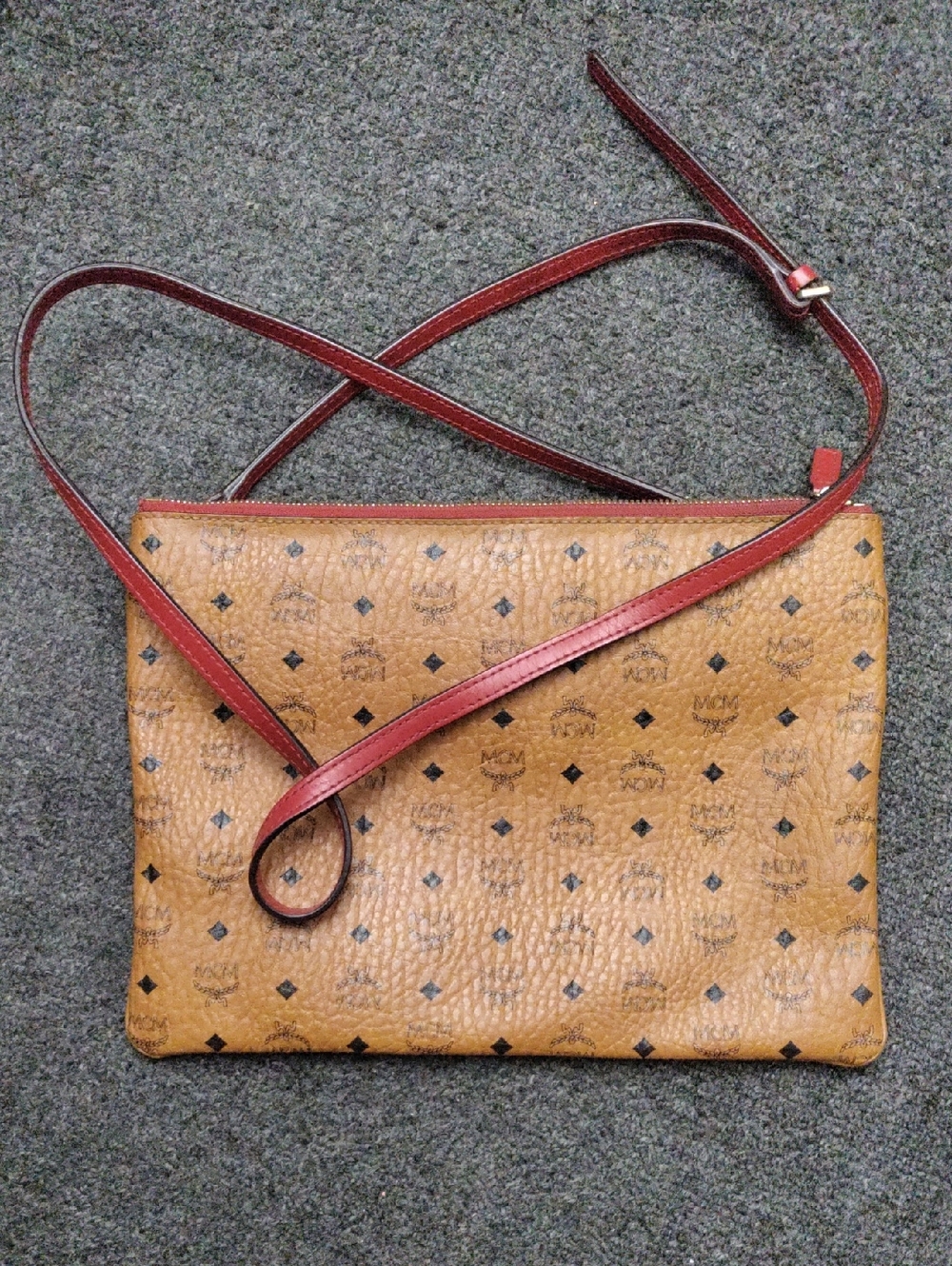 MCM Cognac Visetos Crossbody Pouch with Red Strap